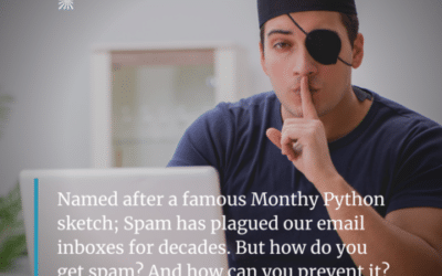 Picture of a man with an eye patch on a computer with the history of how spam emails were named.