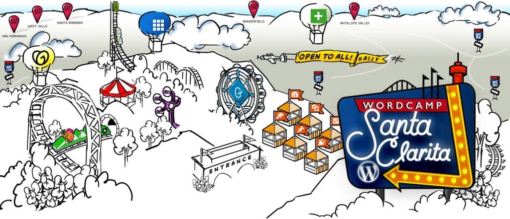 Illustration of an amusement park that was used as the theme for WordCamp Santa Clarita
