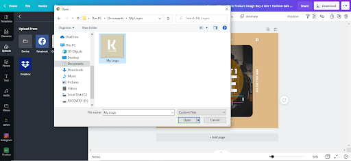 Screenshot showing the canvas and where to add graphics for the logo and shows the open folder window to upload. 