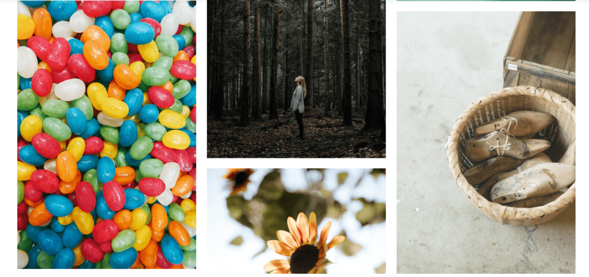 screenshot showing four different images that show different moods such as jelly bean, woman i a lonely forest, and a flower. 