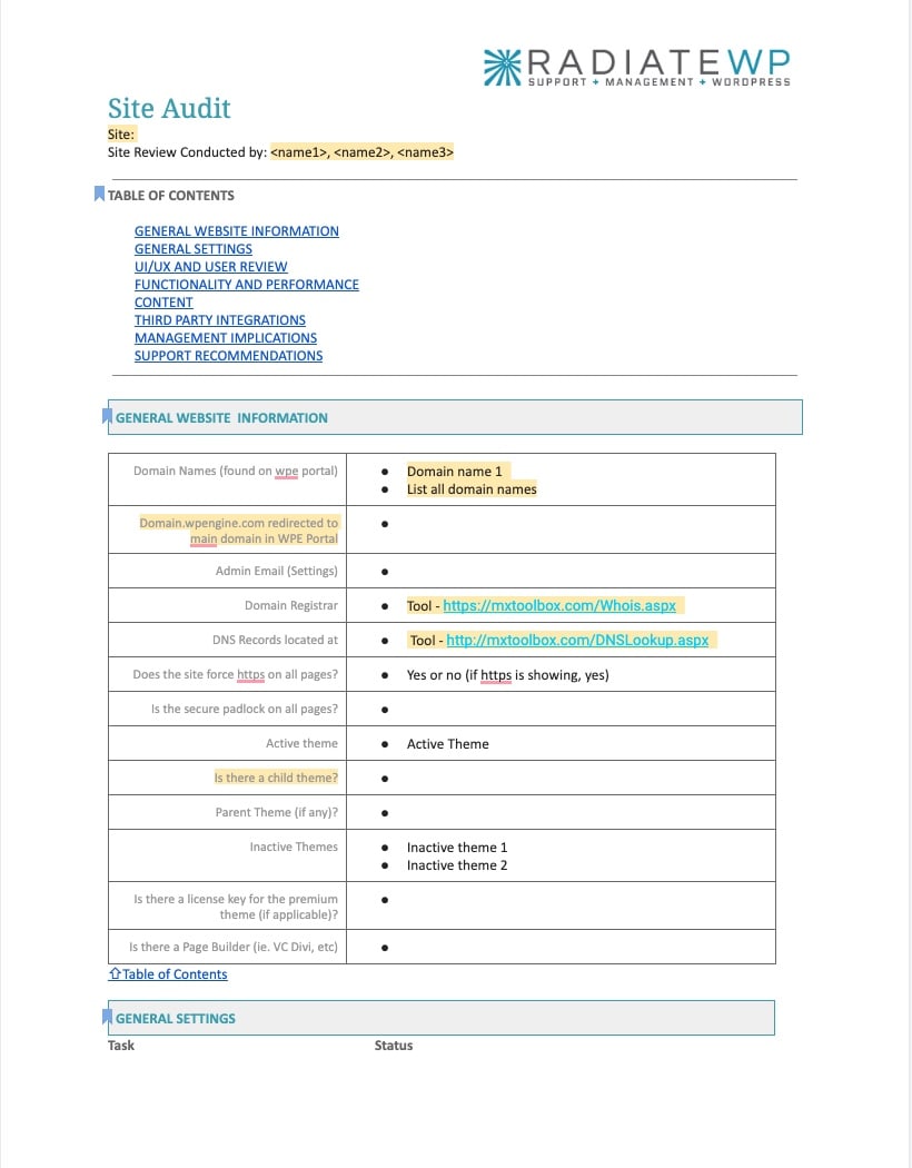 Screenshot of the front page of an old site audit report. 