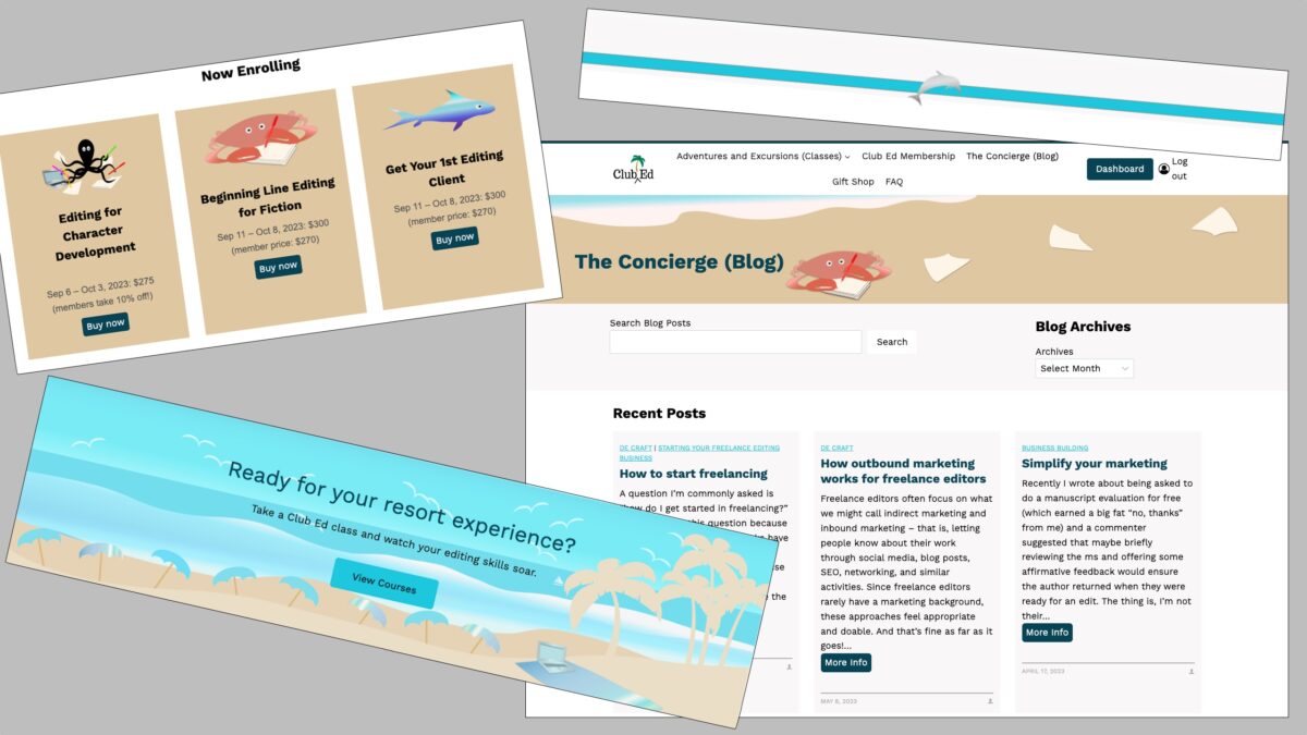 Clipped screenshots of the design elements that show cartoon-like sea creatures throughout the site. 