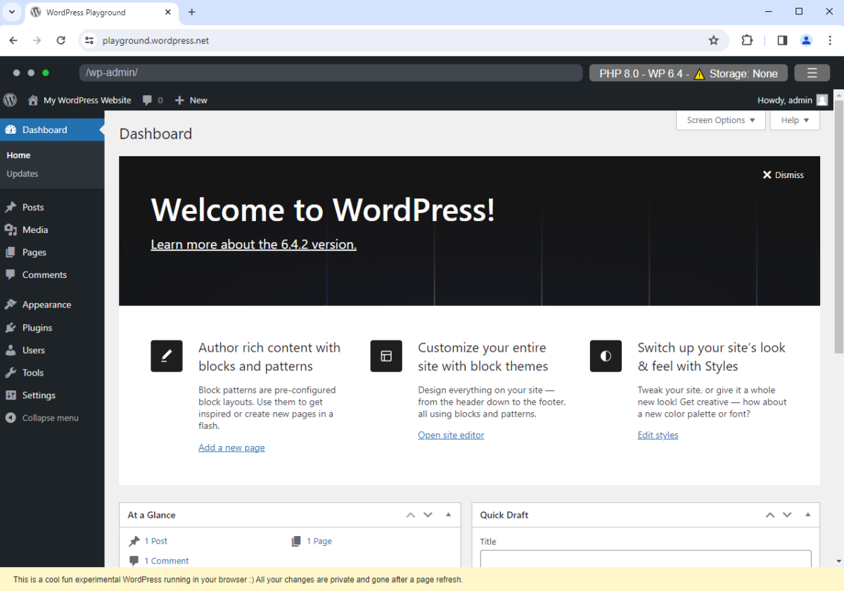 Screenshot of the WordPress Playground